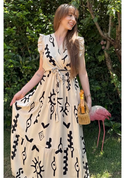 Sırt Detaylı Bej Desenli Midi Elbise fiyatları