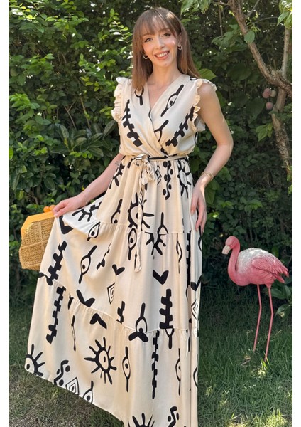 Sırt Detaylı Bej Desenli Midi Elbise fırsatları