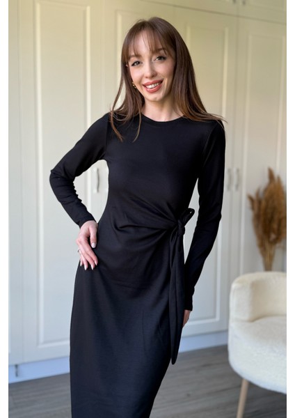 Bağlamalı Modal Uzun Kollu Midi Siyah Elbise