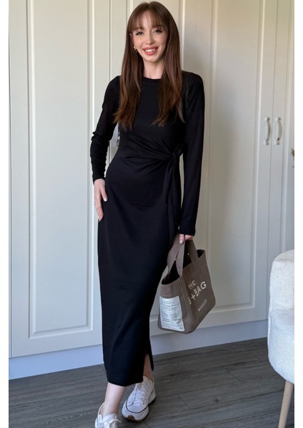 Bağlamalı Modal Uzun Kollu Midi Siyah Elbise modelleri