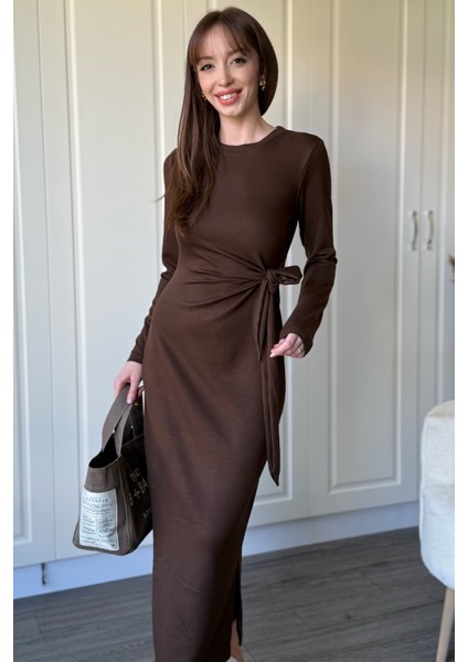 Bağlamalı Modal Uzun Kollu Midi Kahverengi Elbise fiyatları