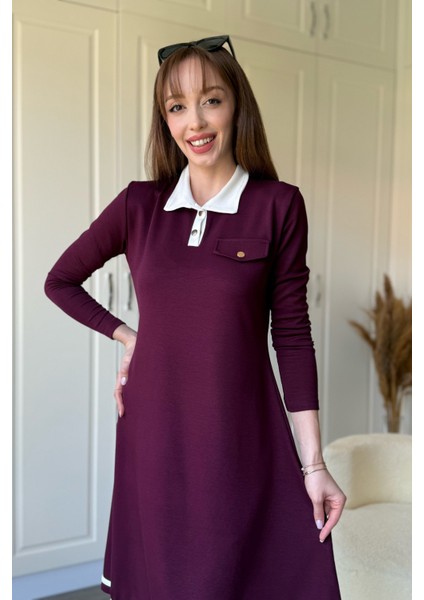Polo Yaka Uzun Kollu Bordo Elbise