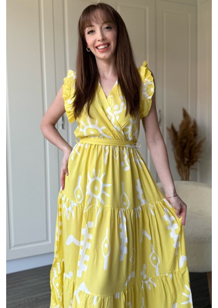 Kruvaze Sarı Desenli Midi Elbise fiyatları