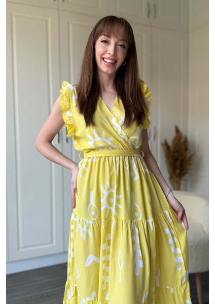 Kruvaze Sarı Desenli Midi Elbise indirimleri