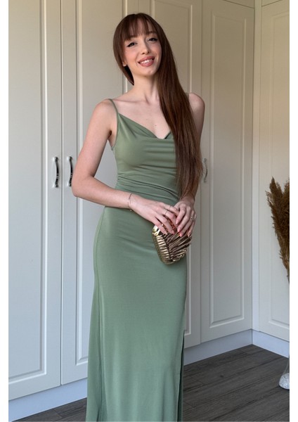 Sandy Kumaş Degaje Yaka Haki Uzun Elbise modelleri