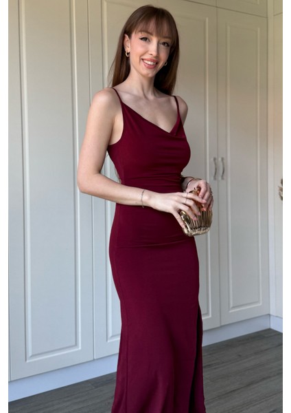 Sandy Kumaş Degaje Yaka Bordo Uzun Elbise