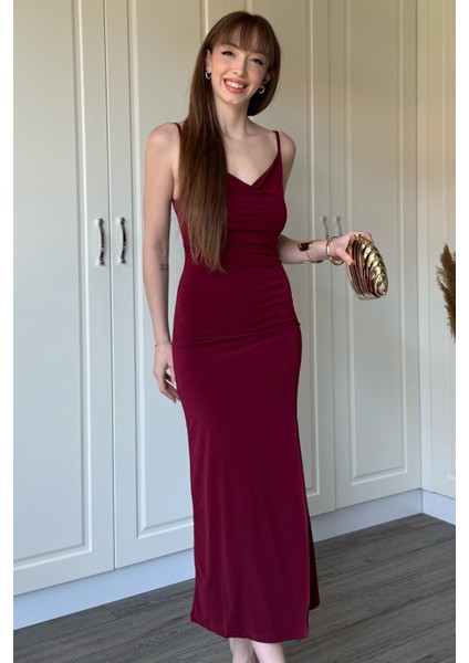 Sandy Kumaş Degaje Yaka Bordo Uzun Elbise modelleri