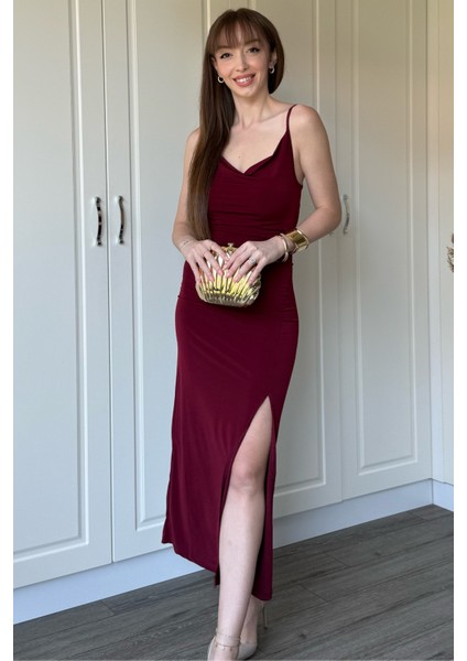 Sandy Kumaş Degaje Yaka Bordo Uzun Elbise