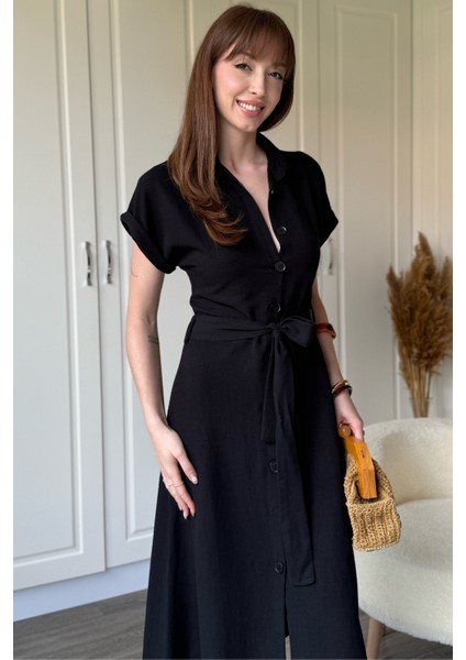 Keten Gömlek Siyah Elbise