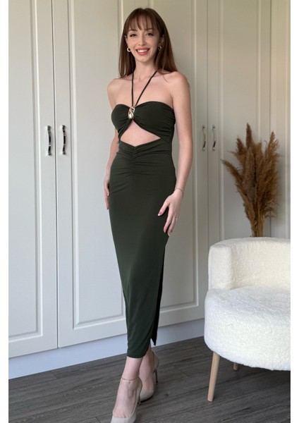 Boyundan Bağlamalı Yırtmaçlı Aksesuarlı Haki Elbise modelleri