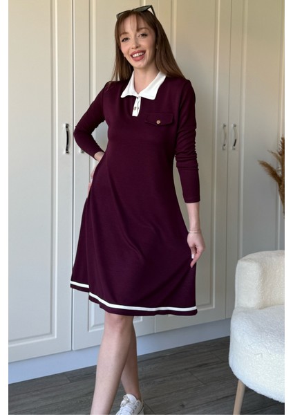 Polo Yaka Uzun Kollu Bordo Elbise indirimleri