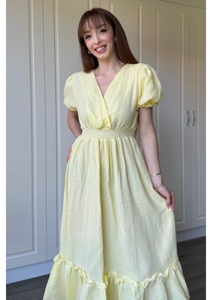 Sarı Müslin Kumaş Kısa Kol Elbise