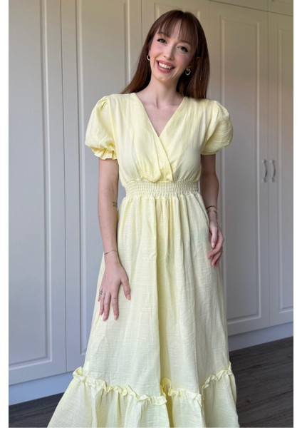 Sarı Müslin Kumaş Kısa Kol Elbise fiyatları