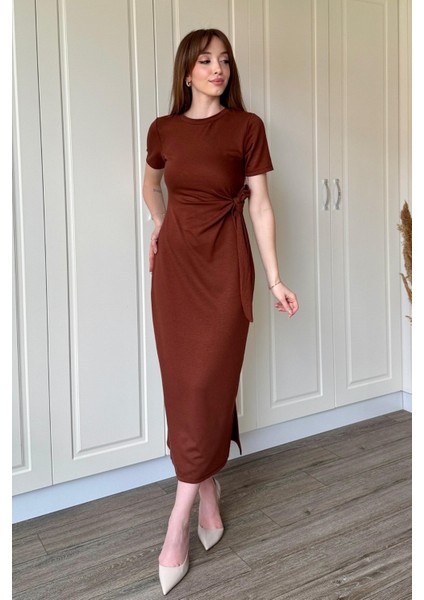 Bağlamalı Midi Modal Kahverengi Elbise