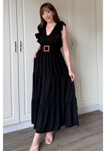 Siyah Kol Fırfırlı Yırtmaçlı Uzun Elbise fiyatları