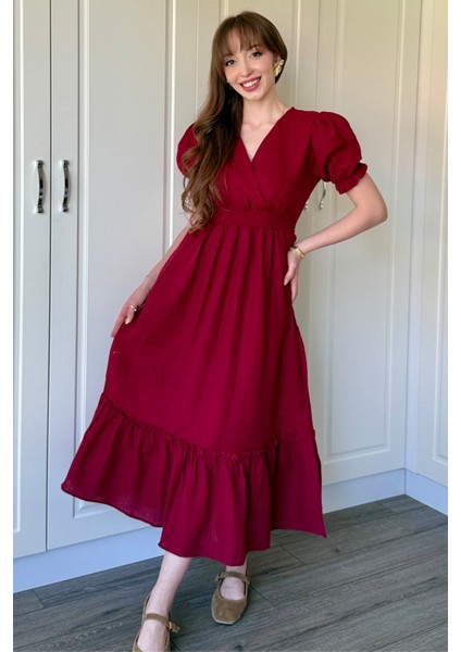 Bordo Müslin Kumaş Kısa Kol Elbise