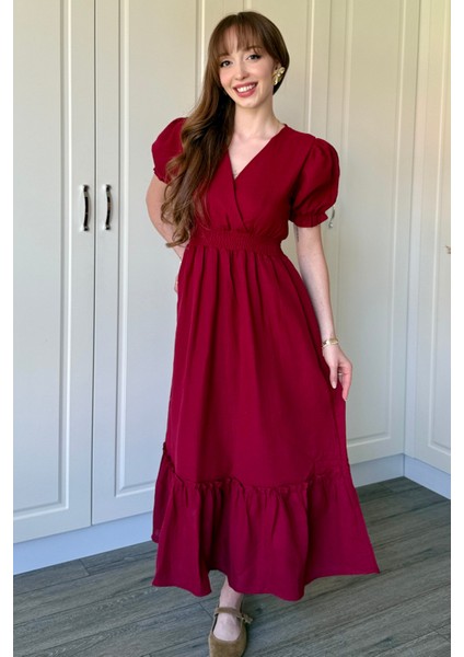 Bordo Müslin Kumaş Kısa Kol Elbise fiyatları