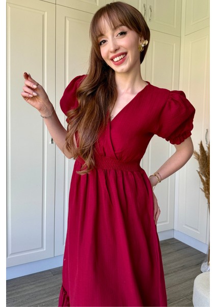 Bordo Müslin Kumaş Kısa Kol Elbise modelleri