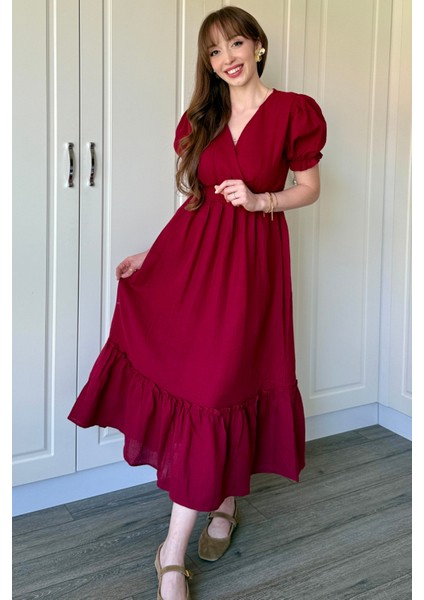 Bordo Müslin Kumaş Kısa Kol Elbise indirimleri