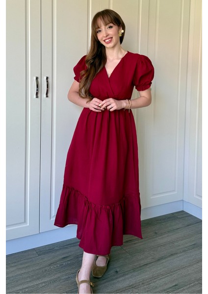 Bordo Müslin Kumaş Kısa Kol Elbise