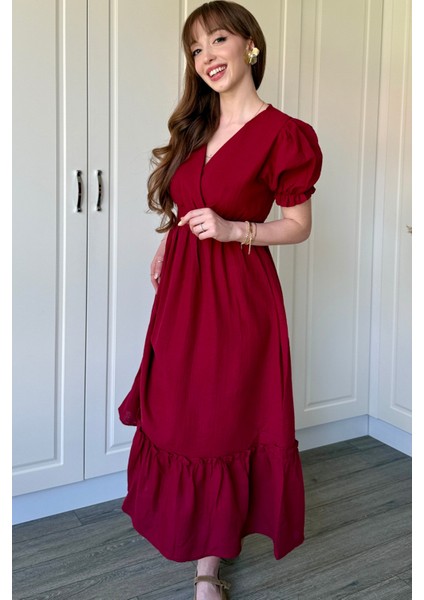 Bordo Müslin Kumaş Kısa Kol Elbise