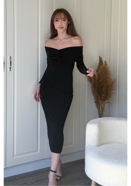 Omuz Detaylı Vücudu Saran Midi Siyah Elbise indirimleri