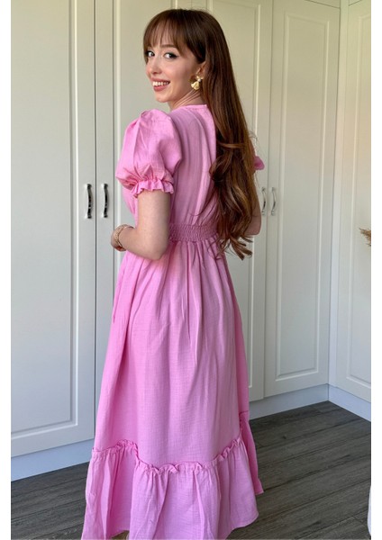 Müslin Kumaş Kısa Kol Pembe Midi Elbise fırsatları
