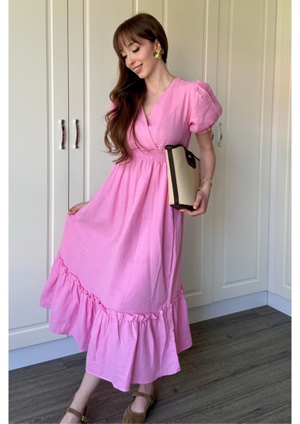 Müslin Kumaş Kısa Kol Pembe Midi Elbise