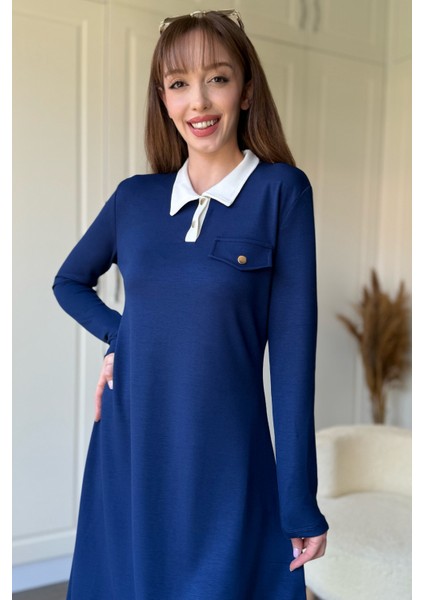 Polo Yaka Uzun Kollu Lacivert Elbise