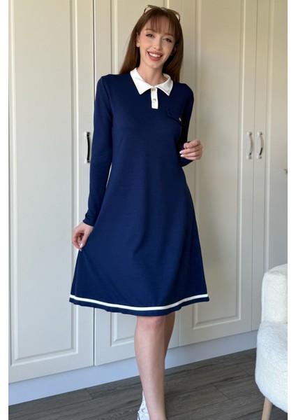 Polo Yaka Uzun Kollu Lacivert Elbise