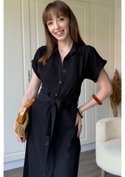 Keten Gömlek Siyah Elbise