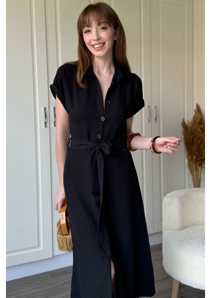 Keten Gömlek Siyah Elbise