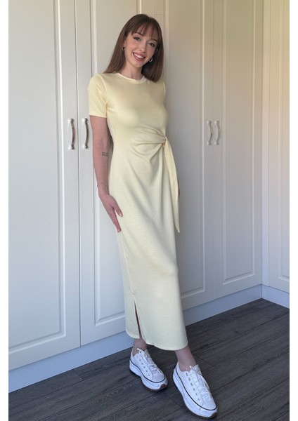 Bağlamalı Midi Modal Sarı Elbise