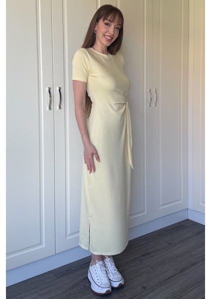 Bağlamalı Midi Modal Sarı Elbise