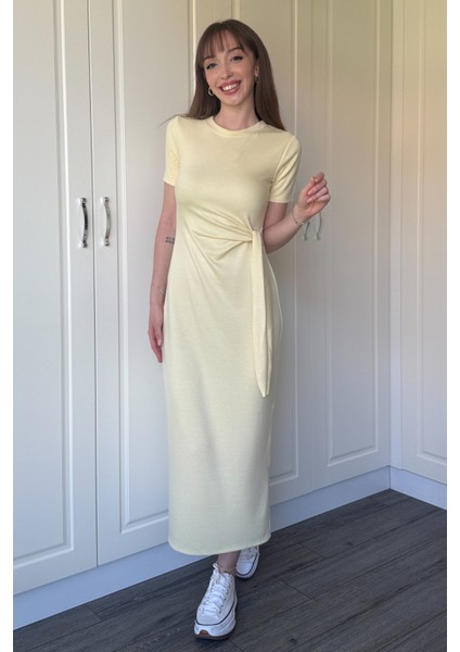 Bağlamalı Midi Modal Sarı Elbise