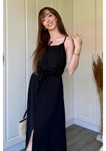 Önden Yırtmaçlı Viskon Siyah Elbise fiyatları