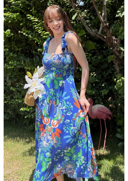 Sırt Detaylı Lacivert Desenli Midi Elbise fiyatları