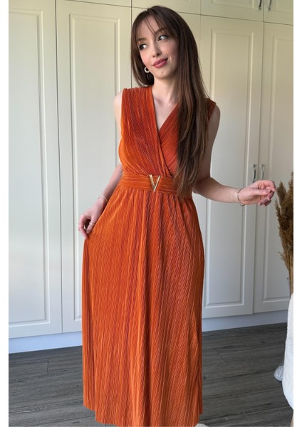 Kruvaze Yaka Krinkıl Midi Tokalı Turuncu Elbise fiyatları