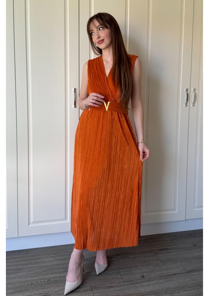 Kruvaze Yaka Krinkıl Midi Tokalı Turuncu Elbise fırsatları