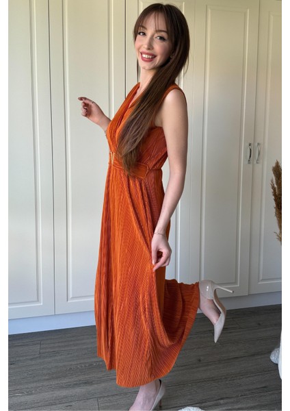 Kruvaze Yaka Krinkıl Midi Tokalı Turuncu Elbise indirimleri