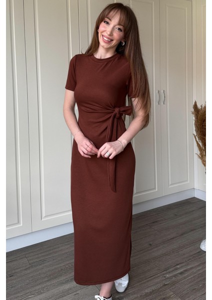 Bağlamalı Midi Modal Kahverengi Elbise