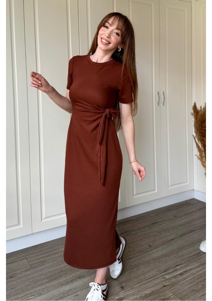 Bağlamalı Midi Modal Kahverengi Elbise
