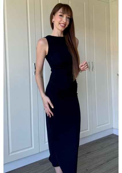 Drapeli Midi Lacivert Elbise