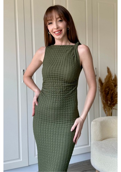 Gofre Kumaş Kolsuz Midi Haki Drapeli Elbise indirimleri