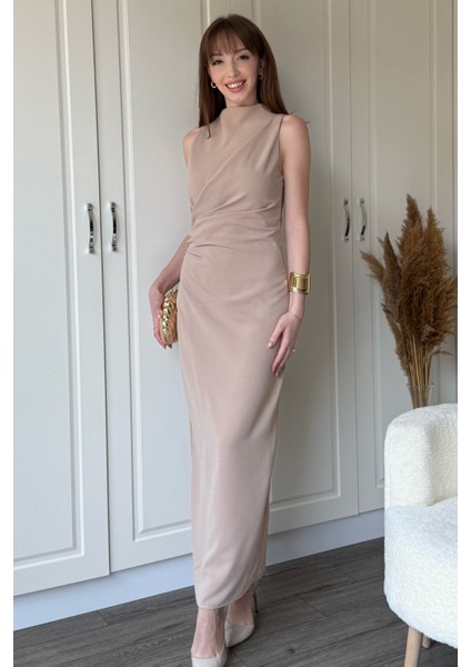 Bej Drapeli Yırtmaçlı Midi Elbise fırsatları