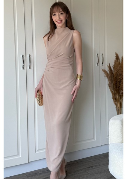 Bej Drapeli Yırtmaçlı Midi Elbise