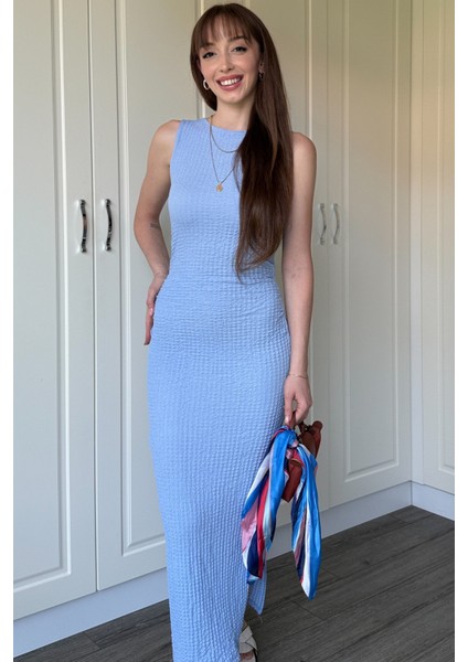 Gofre Kumaş Mavi Midi Elbise fırsatları