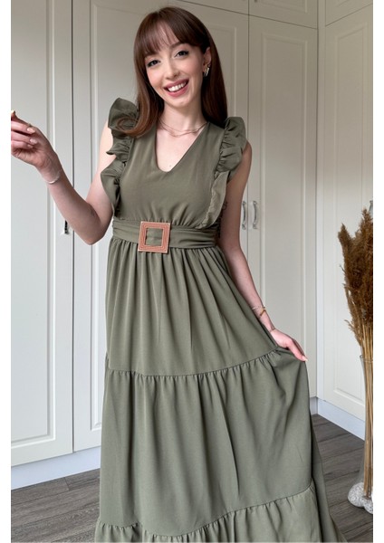 Haki Kol Fırfırlı Yırtmaçlı Uzun Elbise