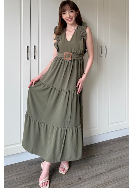 Haki Kol Fırfırlı Yırtmaçlı Uzun Elbise modelleri