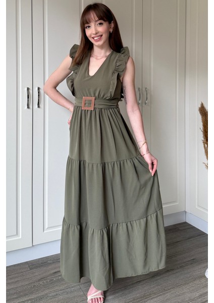 Haki Kol Fırfırlı Yırtmaçlı Uzun Elbise fırsatları